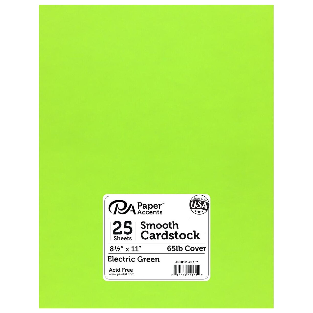 PA Paper Accents Smooth Cardstock 8.5" x 11" Electric Green, 65lb colored cardstock paper for card making, scrapbooking, printing, quilling and crafts, 25 piece pack